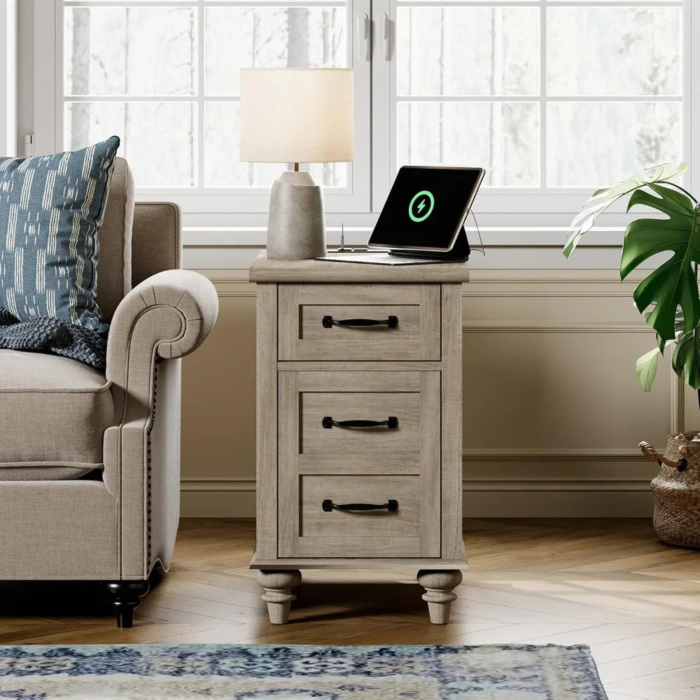 End Table with Charging Station, Grey Side Table with Storage Cabinet & Drawer, Wooden Nightstand with Power Outlets & USB Ports