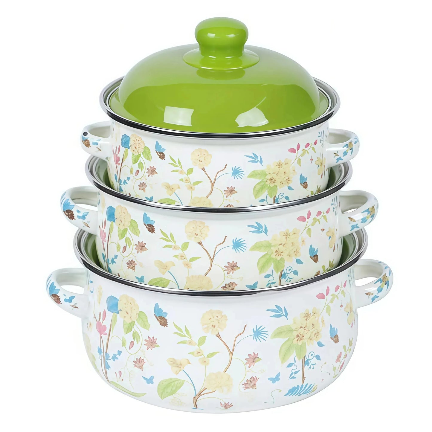 Three Piece Vintage Enamel Stock Pot Set With Lids