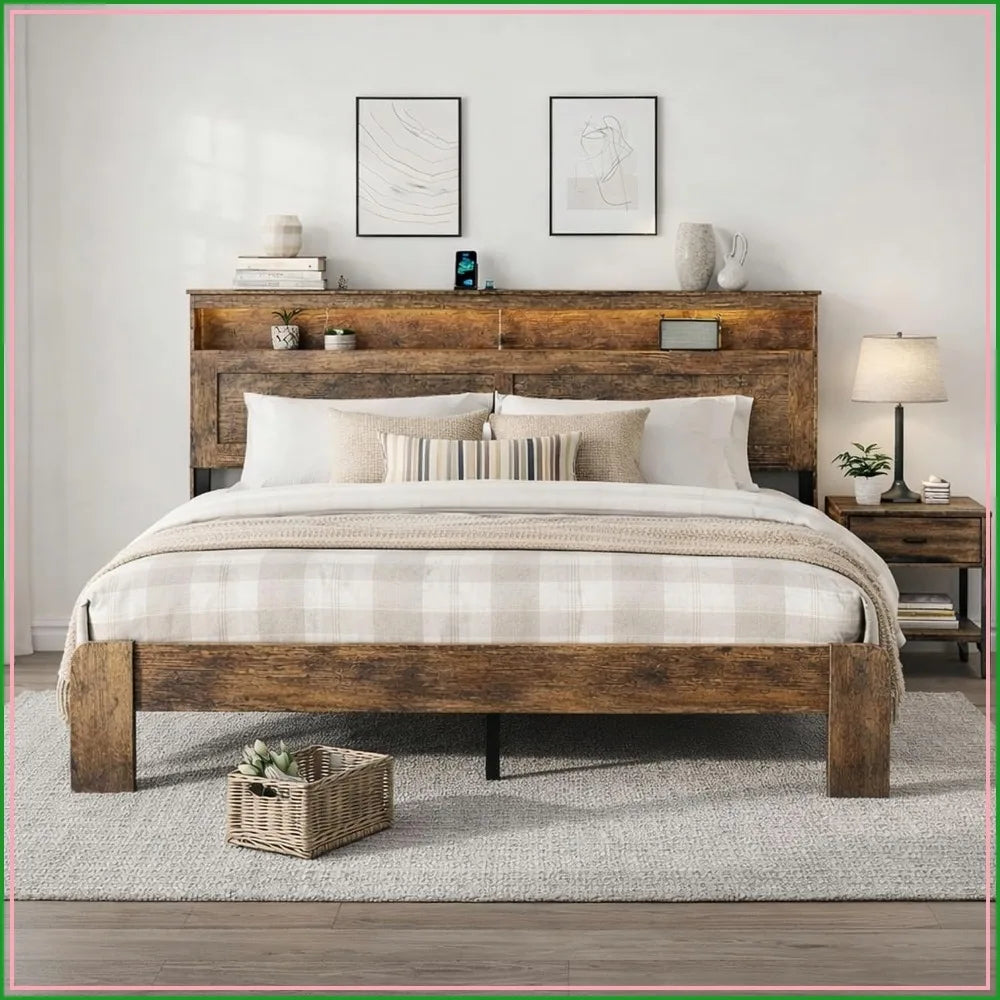 Wooden King Bed Frame with Headboard, USB & LED, No Box Spring Needed, Easy Assembly