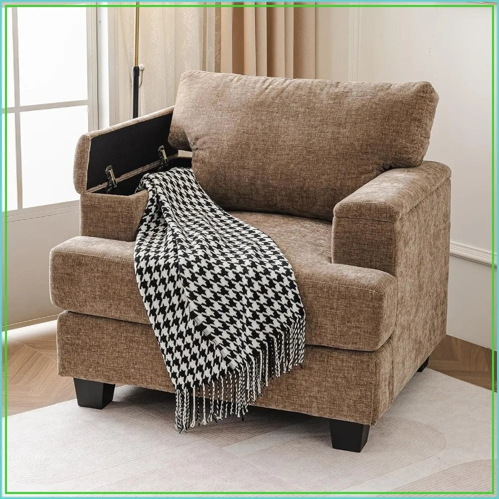 Oversized Accent Chair w/ Armrest Organizer, 7.8'' Cushion, Comfy Living Room Armchair, Brown Chenille
