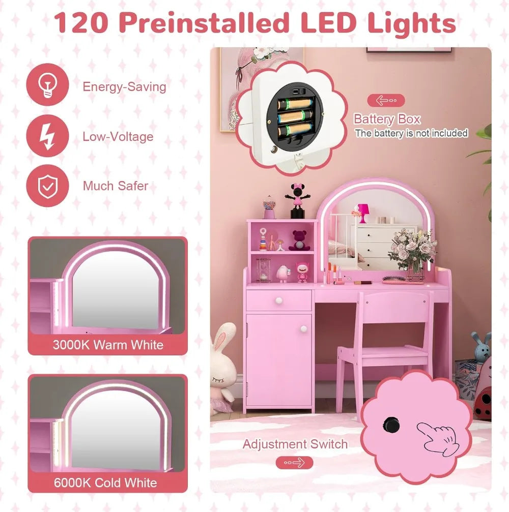 Kids Vanity Set With Lights Princess Makeup Table And Chair