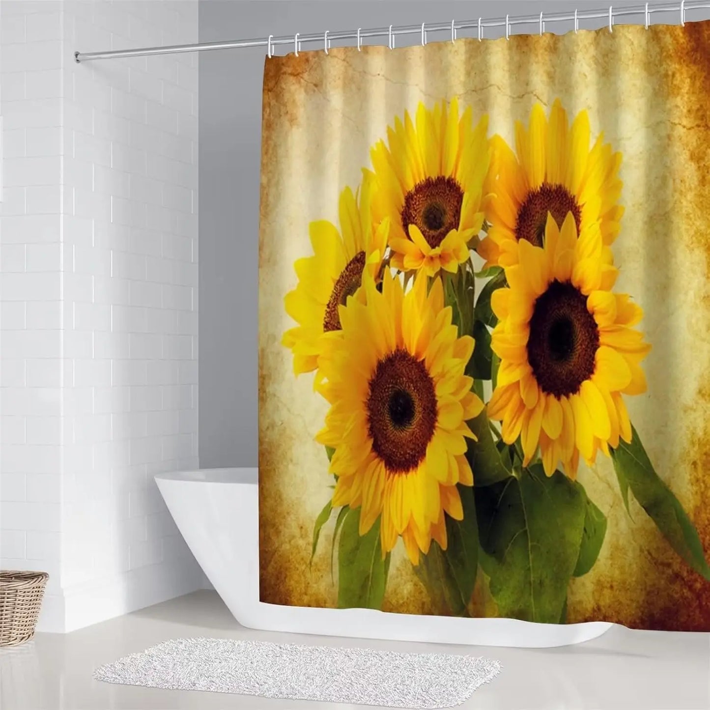 4 Piece Sunflower Shower Curtain Set - Yellow Floral Flower Bathroom Decor - Washable Fabric Curtain - Rugs and Toilet Lid Cover
