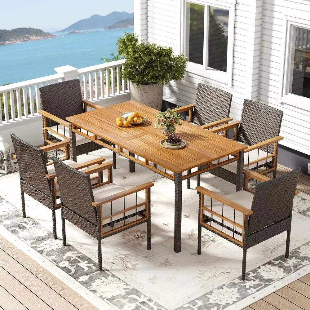 Wicker Patio Dining Chairs Set of 4, Outdoor Acacia Wood Armrest Dinner Chairs with Removable Cushion, Outside Chairs for Backy