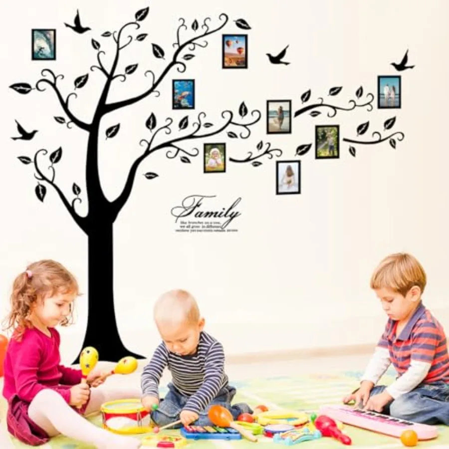 Large Family Photo Tree Wall Sticker 3D Peel and Stick Vinyl Photo Frame Tree Wall Decals Removable Quotes Leaf and Birds Wall