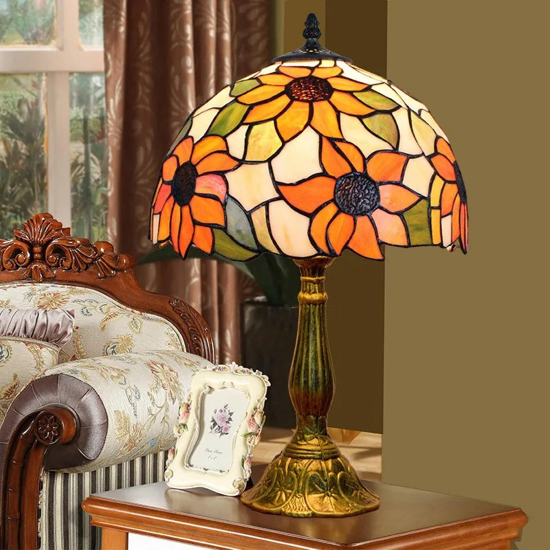 Mosaic Stained Glass Table Lamp Dragonfly Tulips Sunflowers Bedroom Home