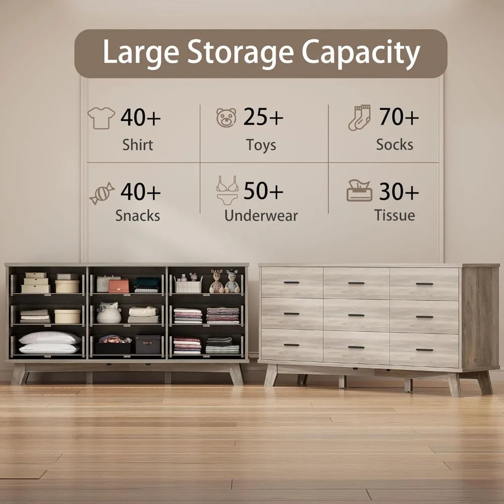9 Drawer Dresser for Bedroom, Modern Chest with X-Shaped Base, Wood Storage Organizer, TV Stand, Grey