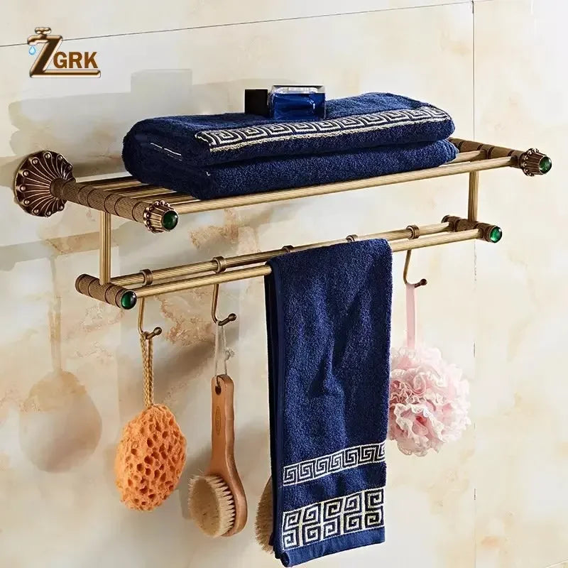 Antique Brass Bathroom Hardware Retro Carved Bath Towel Rack Cup Holder Toliet Brush Holder Storage Rack Bathroom Fixture