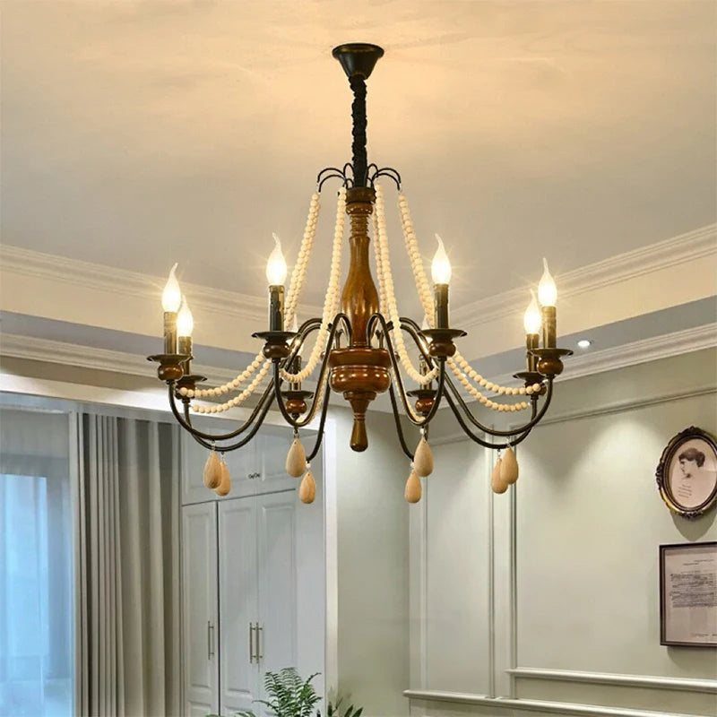 SaloEElaitte American Retro Wood Candle E27 Chandelier Pendant Light