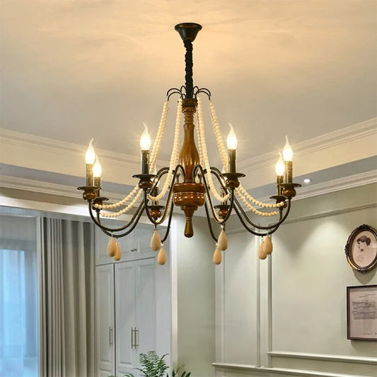 SaloEElaitte American Retro Wood Candle E27 Chandelier Pendant Light