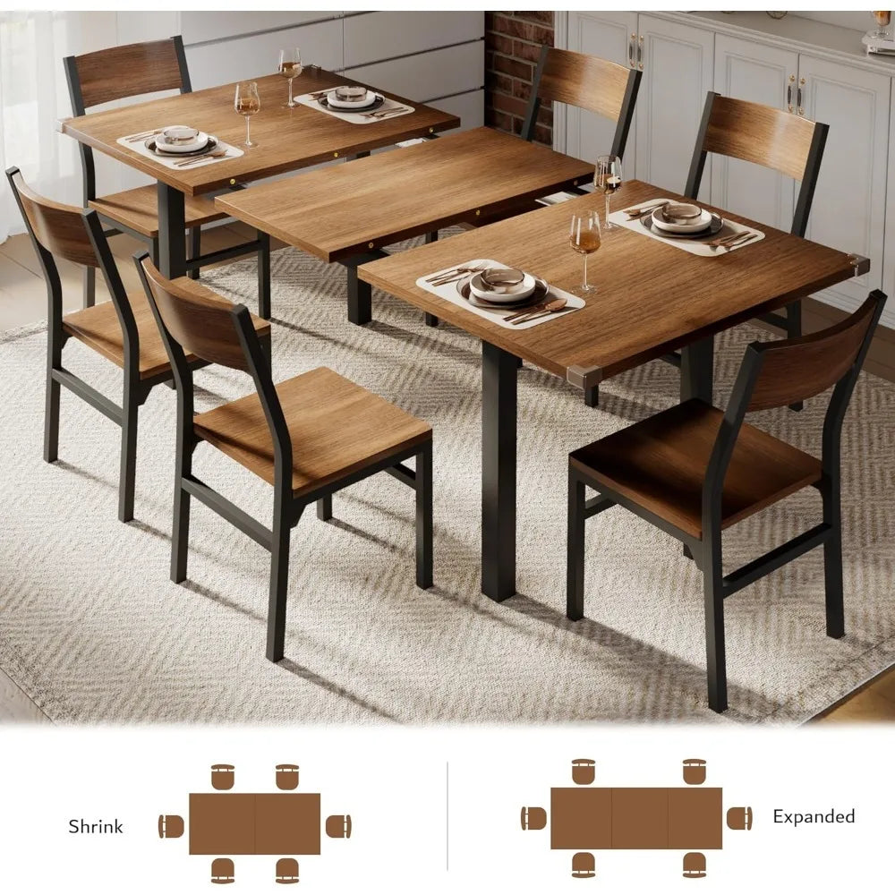 7-Piece Extendable Dining Table Set with 6 Chairs, Small Space Kitchen Table for 4-6 People, Solid Metal Frame & MDF Board,