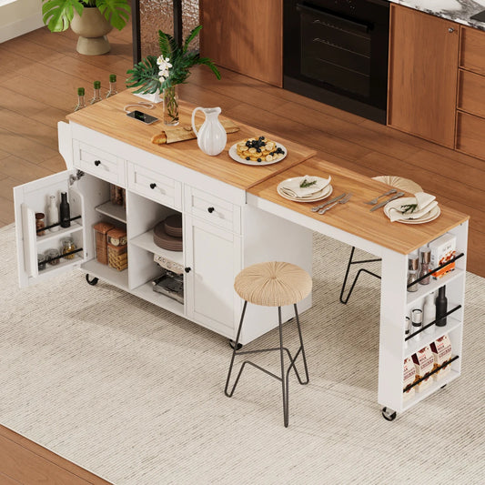 K&K 85.5" Kitchen Island with Extendable Dining Table, Kitchen Storage Table with 3 Side Open Shelves, Rolling Kitchen Island with Power Outlet, 3 Drawers, 2 Doors, for Kitchen, Dining Room, White