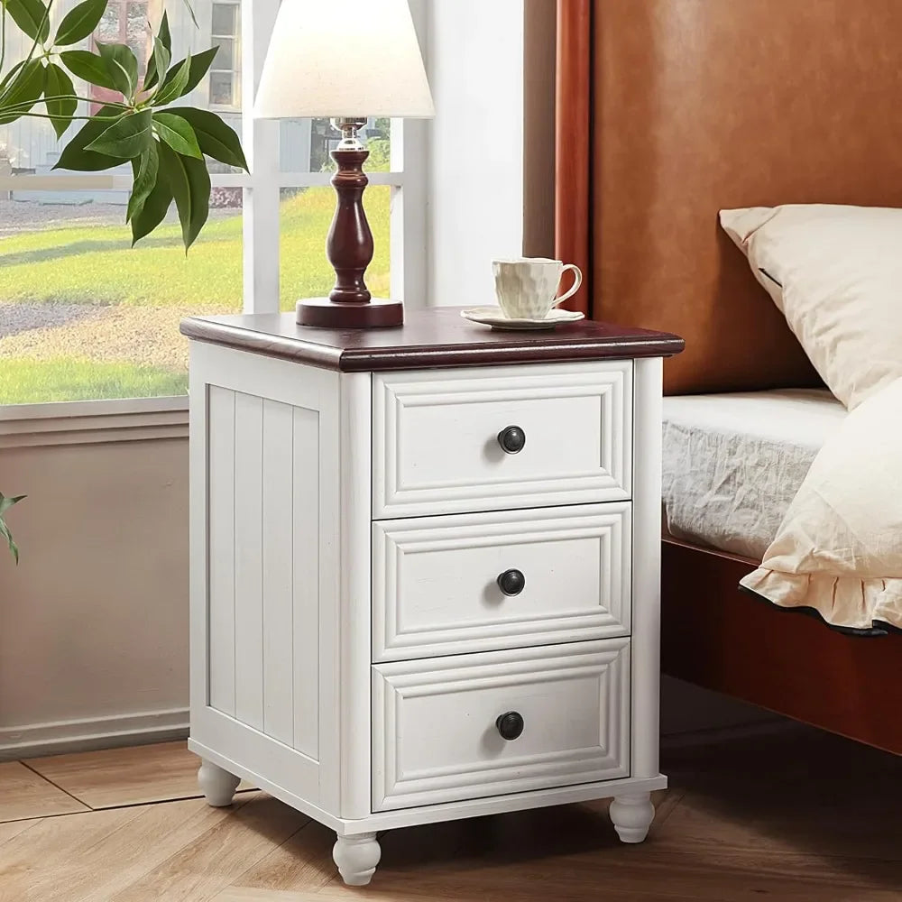 Farmhouse Nightstand Set of 2, White Wood Bedside Table with 3 Drawers and Roman Column Legs for Bedroom Storage