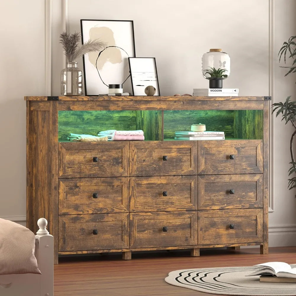 9 Drawer Dresser With LED Lighting And Power Outlet