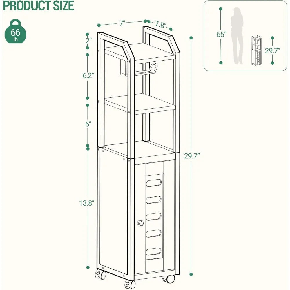 XIUWO Compact Rolling Bathroom Storage Cabinet With Adjustable Shelf