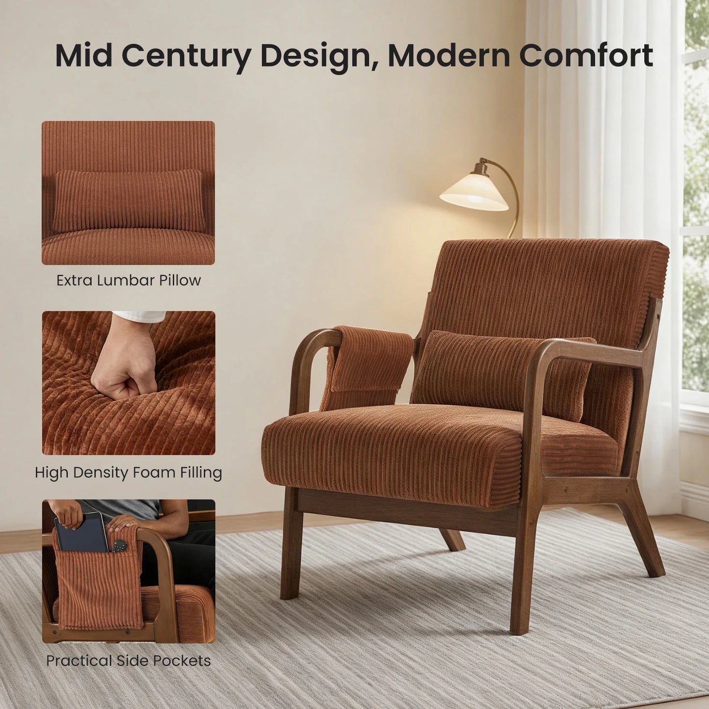 MCQ Mid-century Solid Wood Frame Office Chair Ergonomic Armchair with Lumbar Pillow High Backrest Heavy Capacity For Office