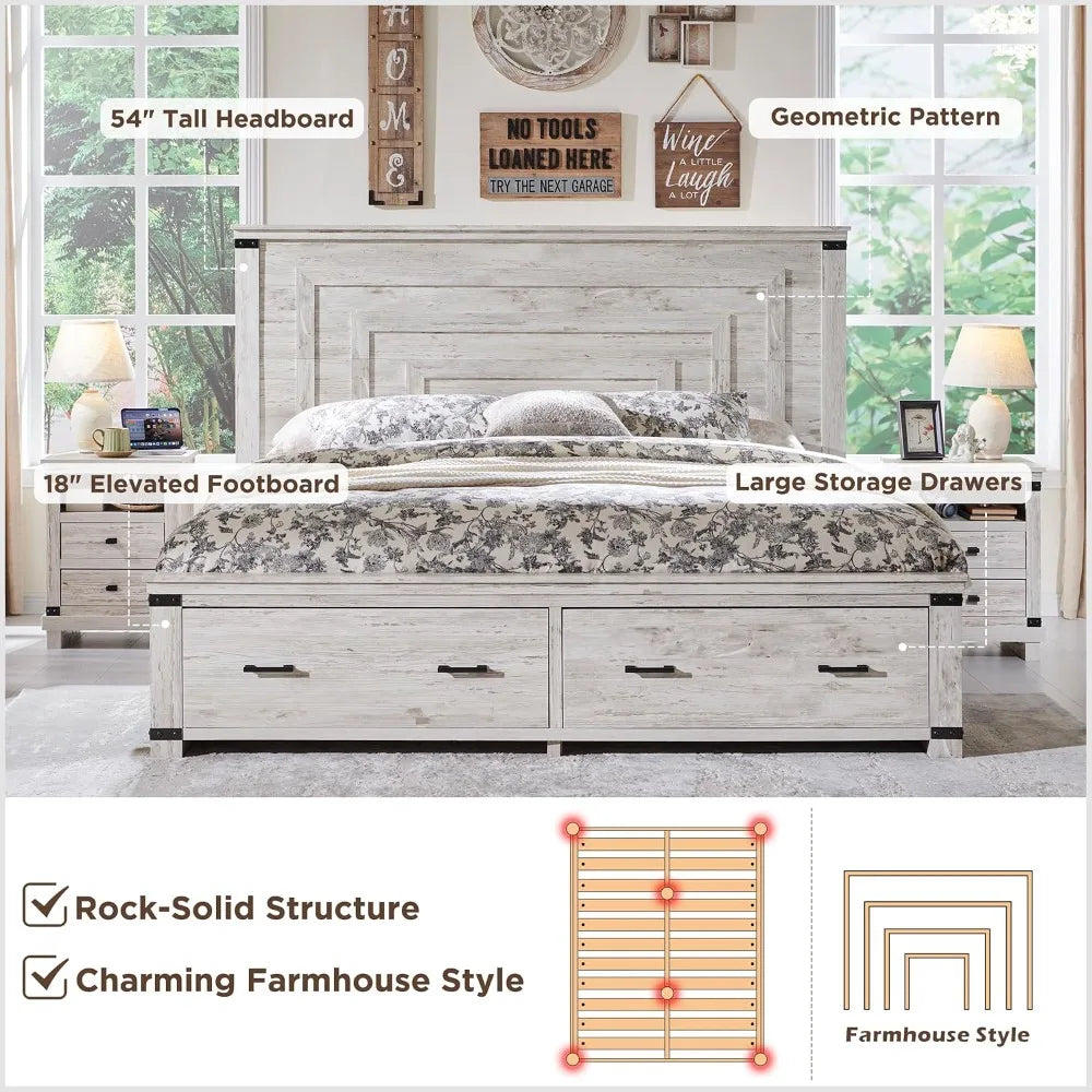 Queen Bed Frame 54" Tall Geometric Headboard, Rustic Wood Platform w/ 2 Drawers, Wood Slats, No Box Spring Needed, Antique White