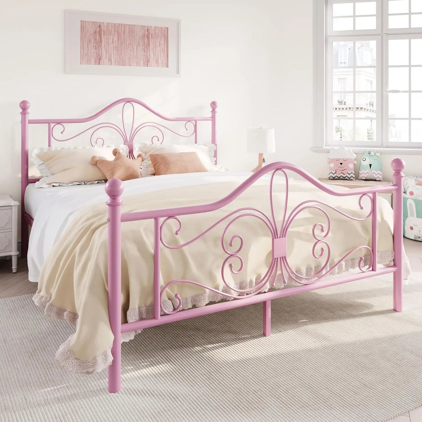 Kids Metal Bed Frame Butterfly Pattern Headboard And Footboard No Box Spring