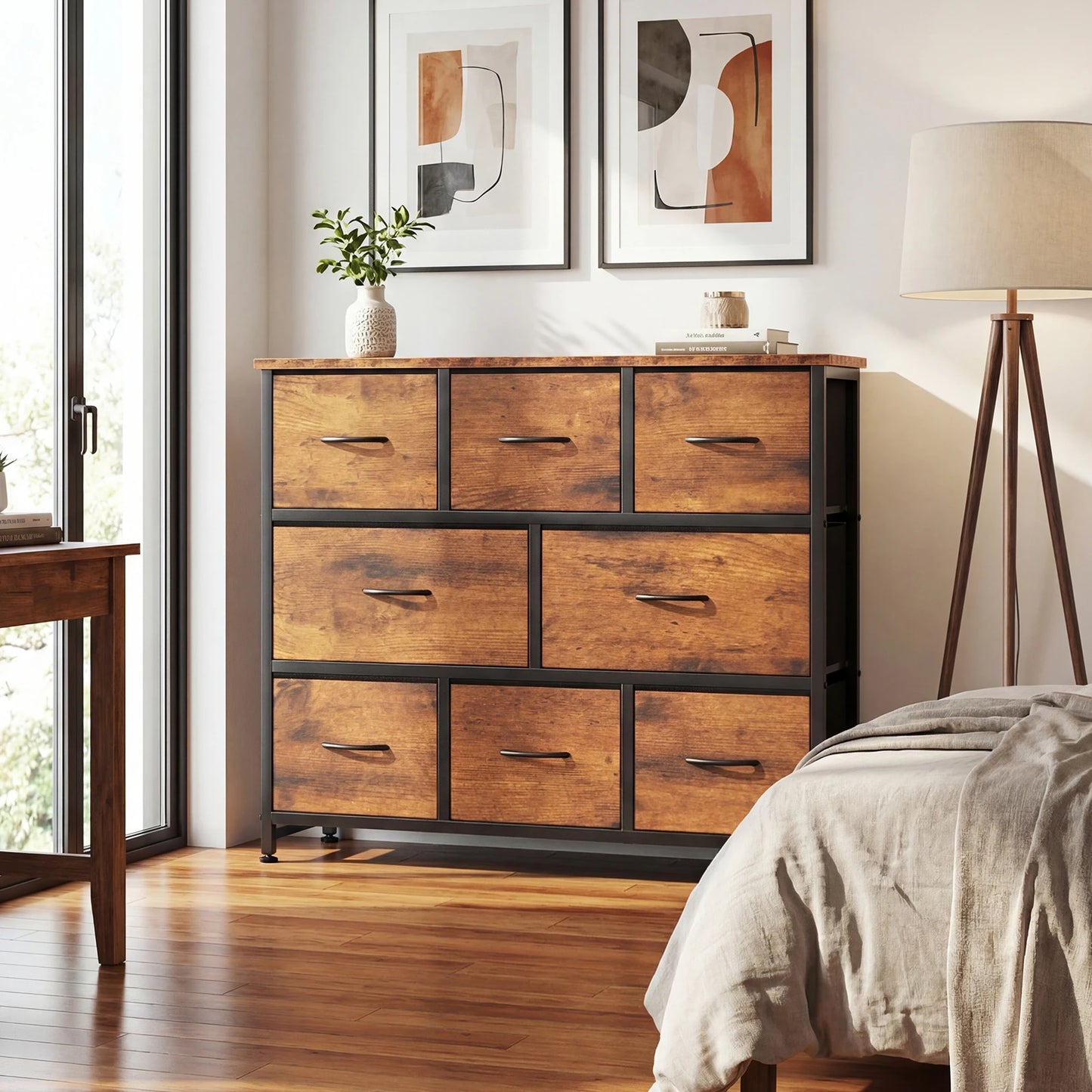 JHK Dresser with 8 Fabric Drawers Cabinet for Living Room Wide Storage Dressers for Closet Chests of Drawers with Wood Top and Mental Frame Storage Unit for Bedroom and Entryway