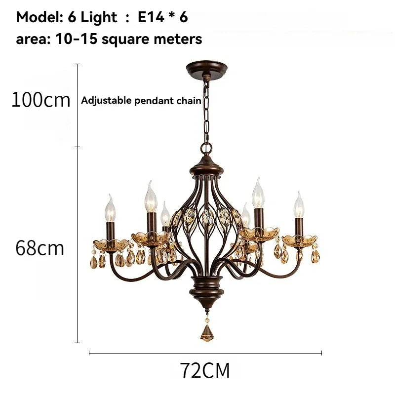 French Retro Candle Pendant Lights with Amber Crystal Vintage Brown Iron E14 Ceiling Chandelier for Living Room Kitchen Table