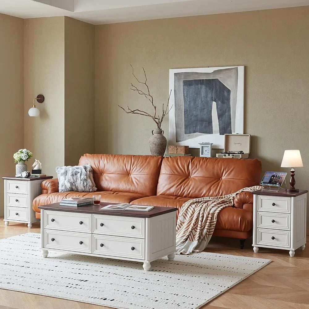 Farmhouse Nightstand Set of 2, White Wood Bedside Table with 3 Drawers and Roman Column Legs for Bedroom Storage