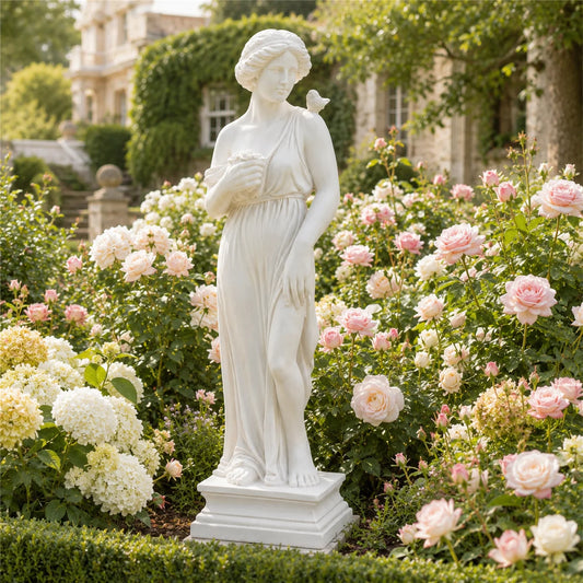 31.5 Inch Tall Greek Goddess Garden Statue, All Weather MgO Outdoor Sculpture with Handcrafted Aged Stone Finish, Floral Bouquet Bird Detail Greek Column Base, Paintable Fade Crack Resistant Mythological Yard Art for Lawn Pat
