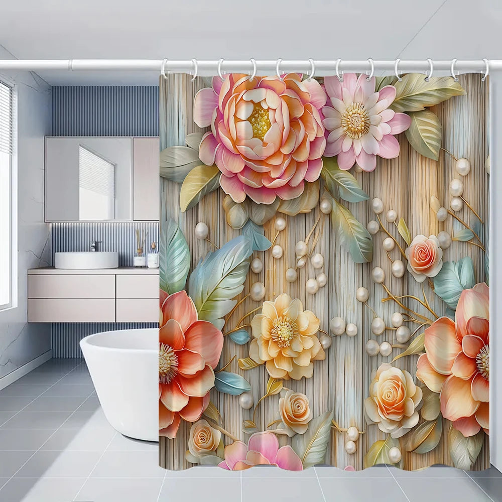 Flower Bird Shower Curtain Set With Carpet And Toilet Seat