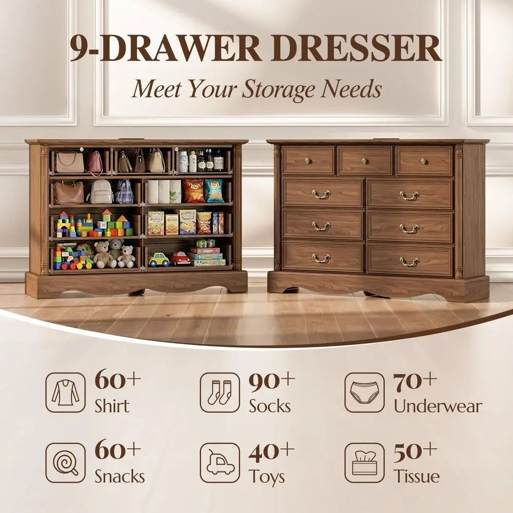 Rustic 9-Drawer Dresser With Built-In Charging Station
