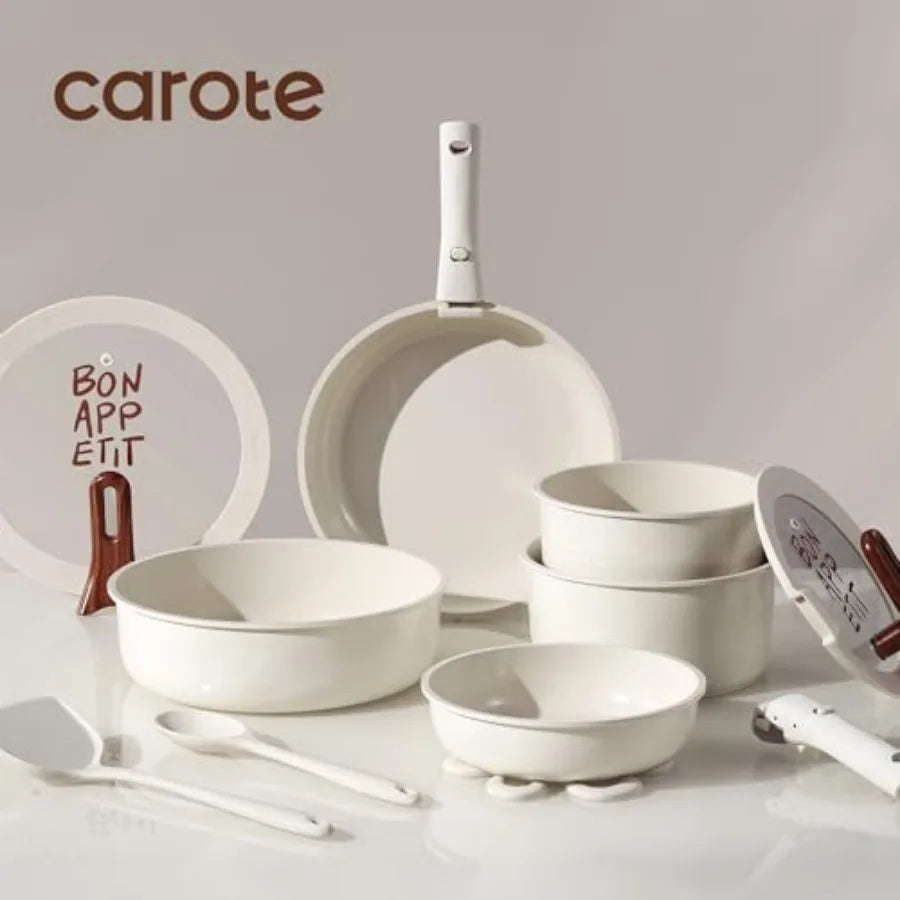 Ceramic Cookware Set With Detachable Handle 18 Pieces Nonstick Lids