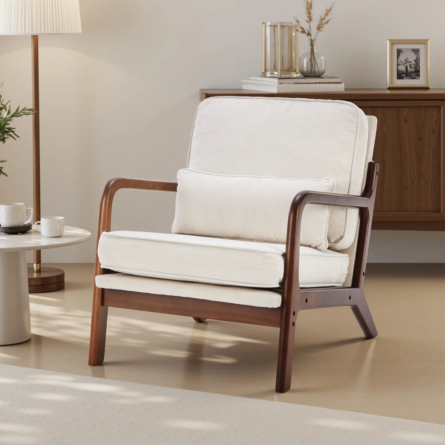 JHK Mid Century Modern Wooden Frame Accent Chair Waist Cushion