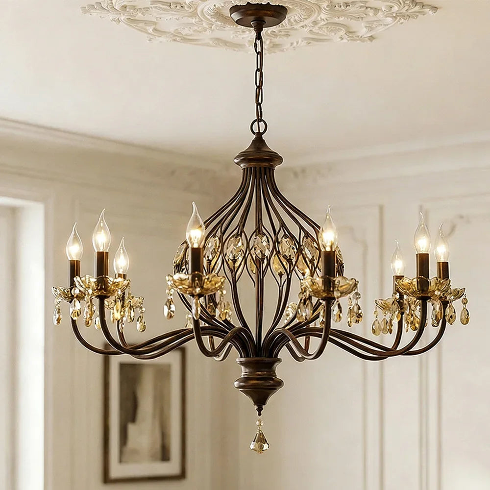 French Retro Candle Pendant Lights with Amber Crystal Vintage Brown Iron E14 Ceiling Chandelier for Living Room Kitchen Table