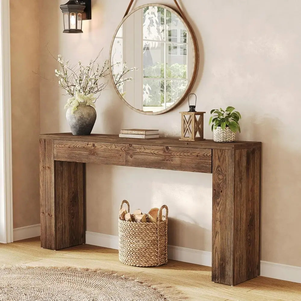 Sofa Table With 2 Drawers, Solid Wood Console For Entryway
