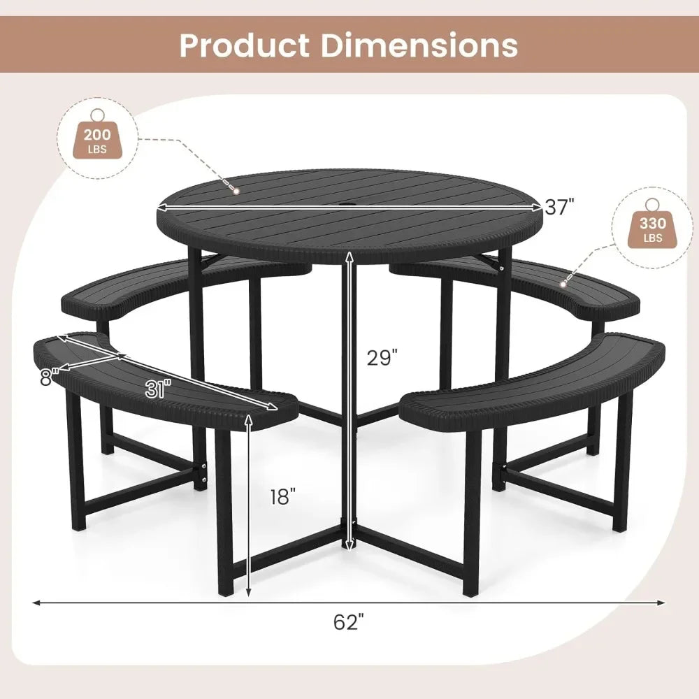 8 Person Round Picnic Table with 4 Benches, HDPE Outdoor Dining Set, Umbrella Hole, Heavy Duty Metal Frame for Garden Patio Lawn