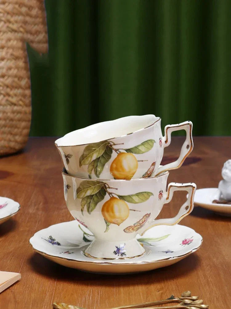 European Ceramics Coffee Cup and Saucer Teapot Elegant Lemon Pattern Creative Afternoon Tea Teaware Set with Dessert Spoon Gift