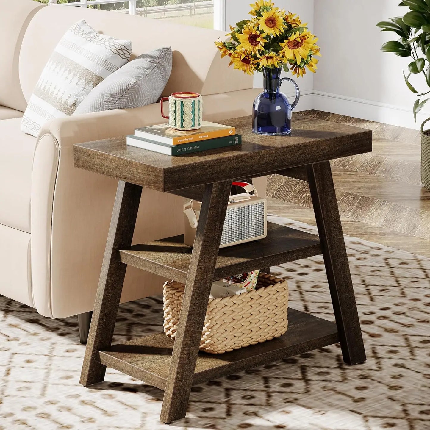 LITTLE TREE 3-Tier Small End Table, Farmhouse Wooden Side Table for Couch, Vintage Sofa Side Table for Living Room,Bedroom