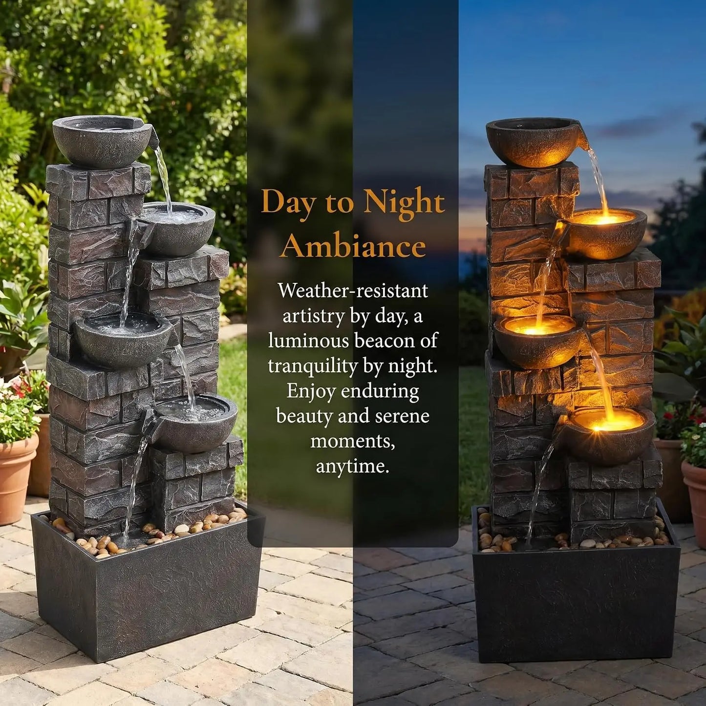 33.5 Inch Water Fountain 4-Tier Cascading Bowls with LED Lights, Indoor Outdoor Decorative Floor Standing Resin Waterfall
