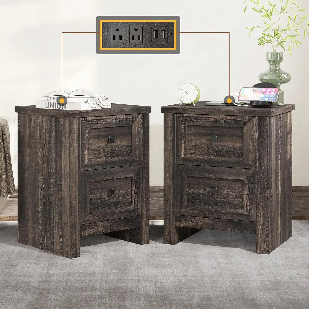 Nightstand Set of 2 with Charging Station & USB Ports, Wood Bedside Table with 2 Drawers for Bedroom, Customized