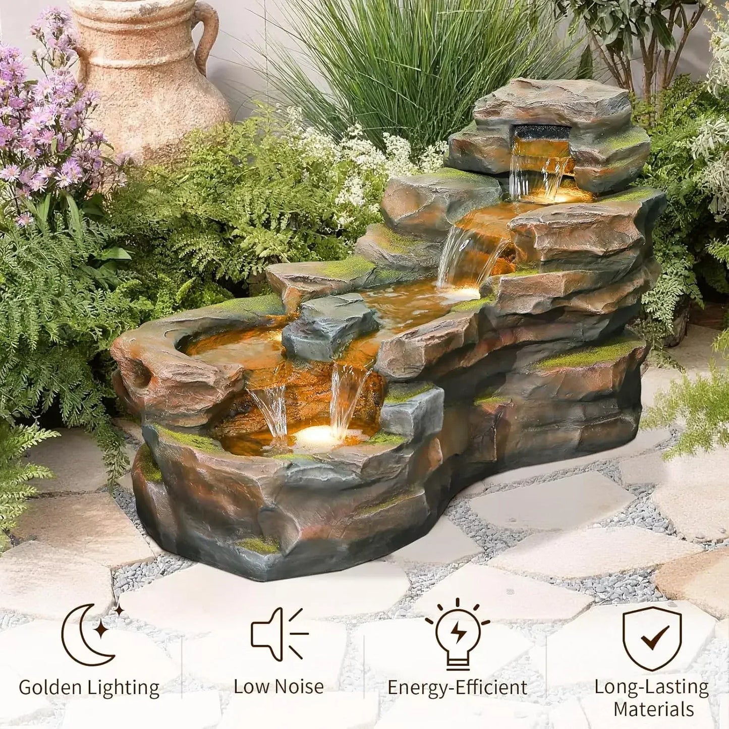 Outdoor Floor Standing Water Fountain Five Tier Rock Waterfall LED