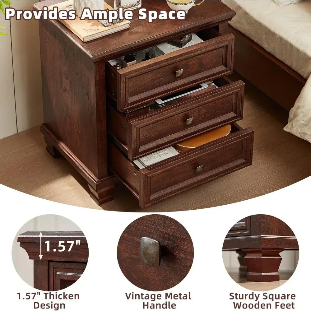 Best-Farmhouse Nightstand Set Of 2, Rustic Couch End Table With 3 Drawers & 4 Square Solid Wood Legs