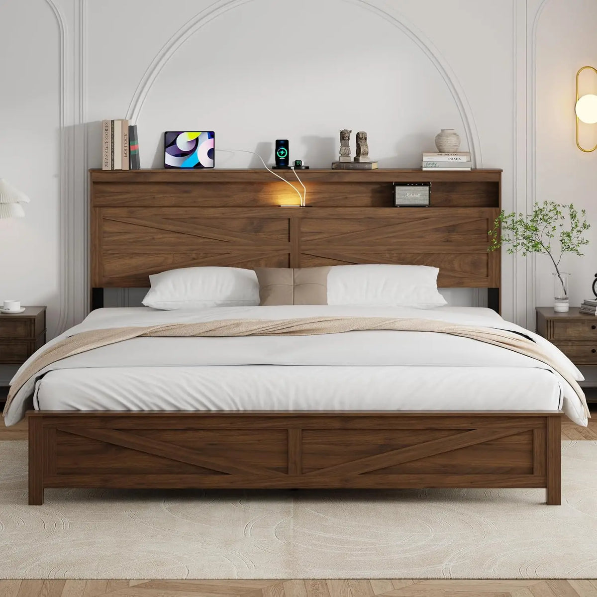 Rustic Wood King Bed Frame with LED Lights & Charging Station, Easy Assembly No Box Spring Needed, Customized