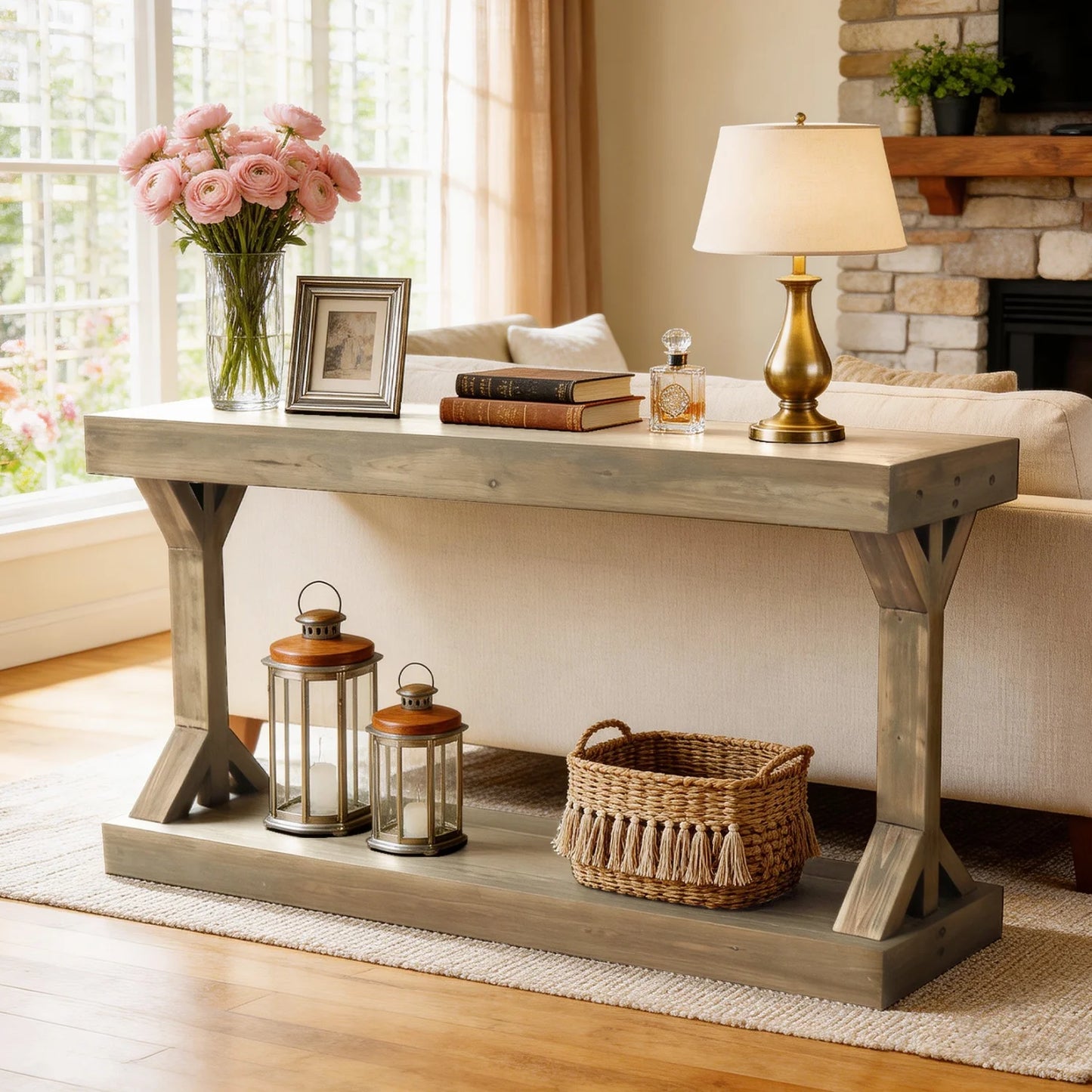 120cm Solid Wood Console Table Farmhouse Entryway Table Rectangular Couch Tables Behind Sofa Accent Tables for Hallway Entrance Foyer Living Room