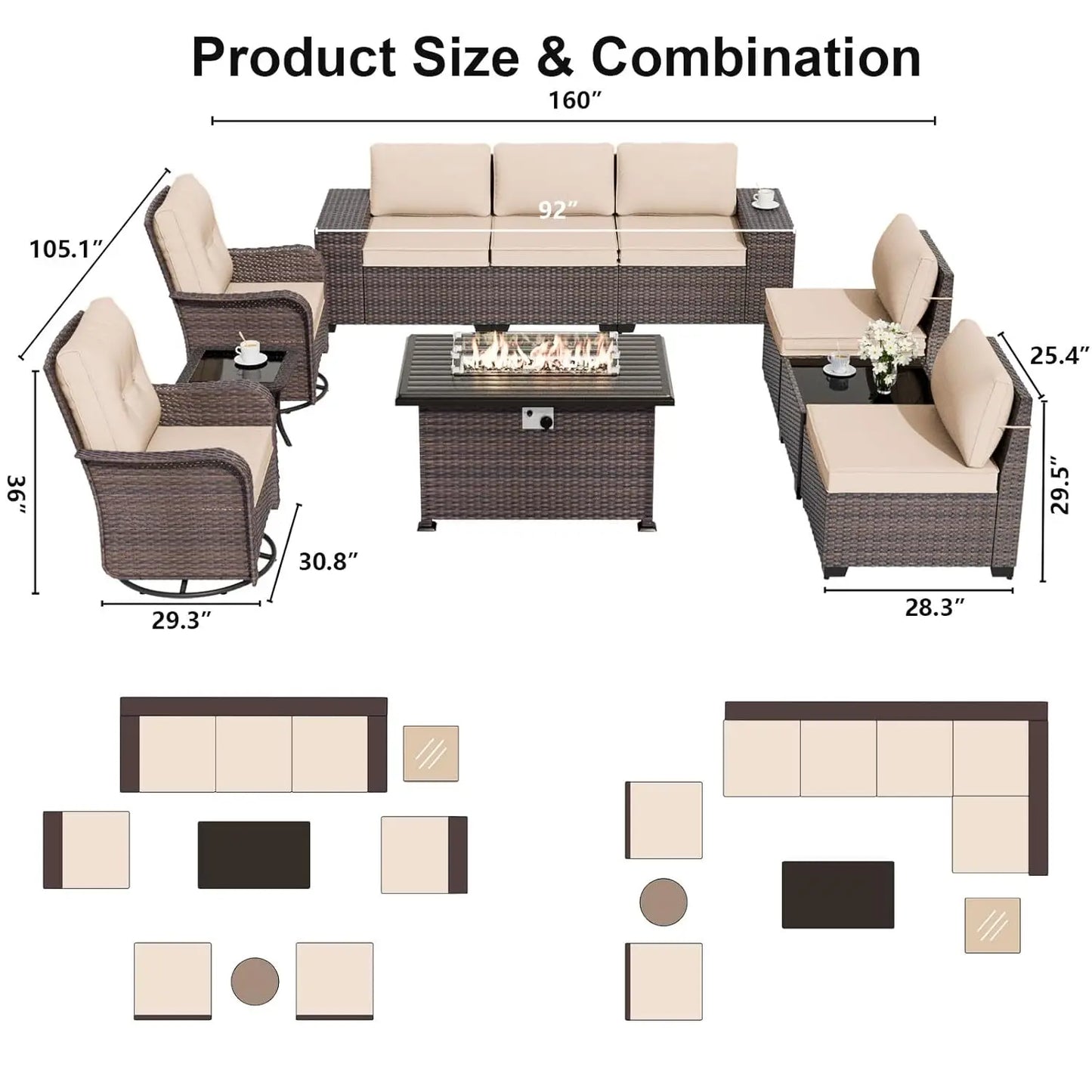 Outdoor 10 Piece Patio Set With Swivel Chairs Fire Pit