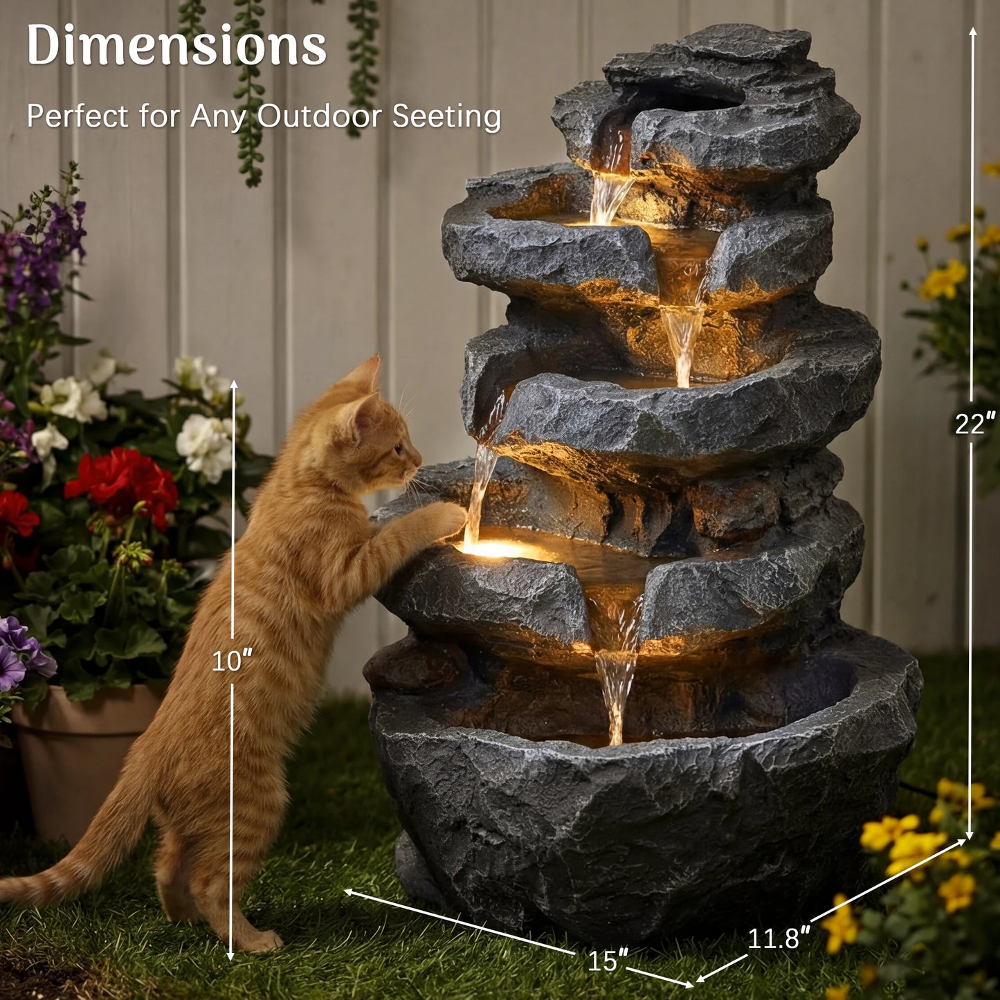 5-Tier Cascading Rock Water Fountain with LED Lights, 15''L x 11.8''W x 22''H, Outdoor Garden Waterfall Feature for Patio, Backyard & Lawn Decor