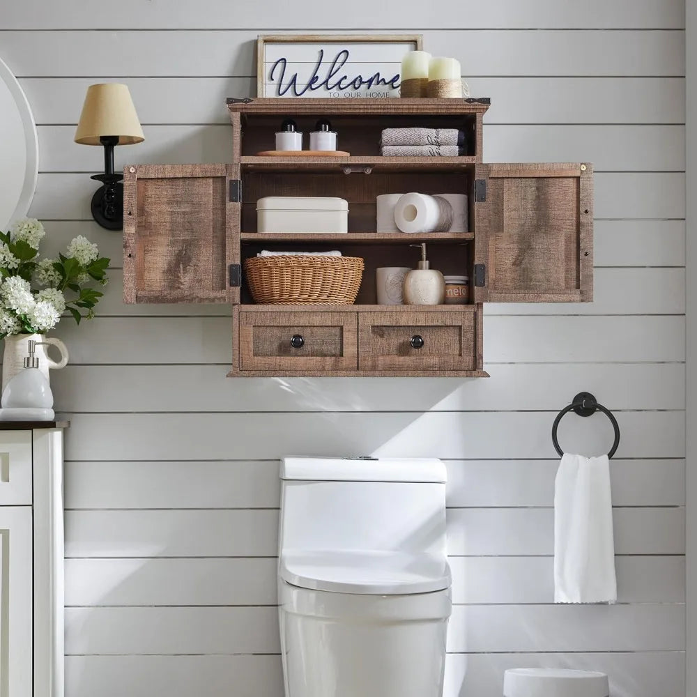 Farmhouse Wall Cabinet With Drawer Adjustable Shelf Double Barn Doors