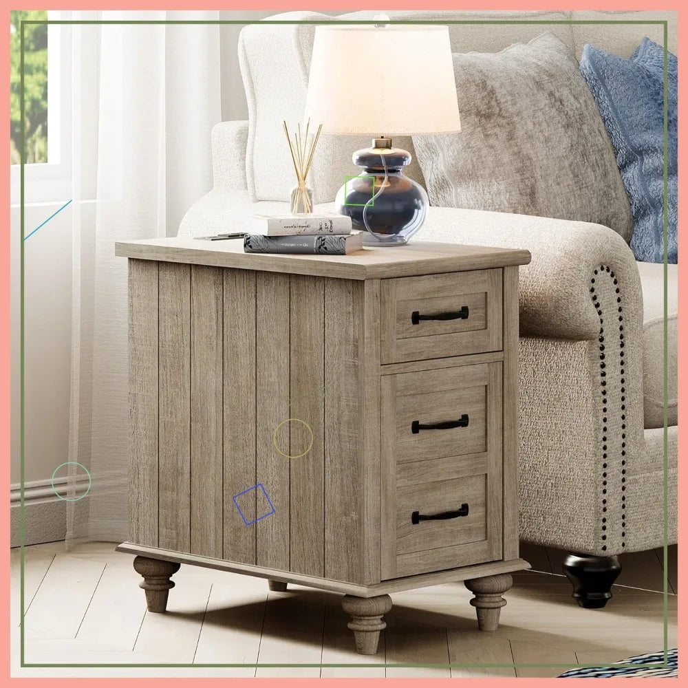 End Table with Charging Station, Grey Side Table with Storage Cabinet & Drawer, Wooden Nightstand with Power Outlets & USB Ports