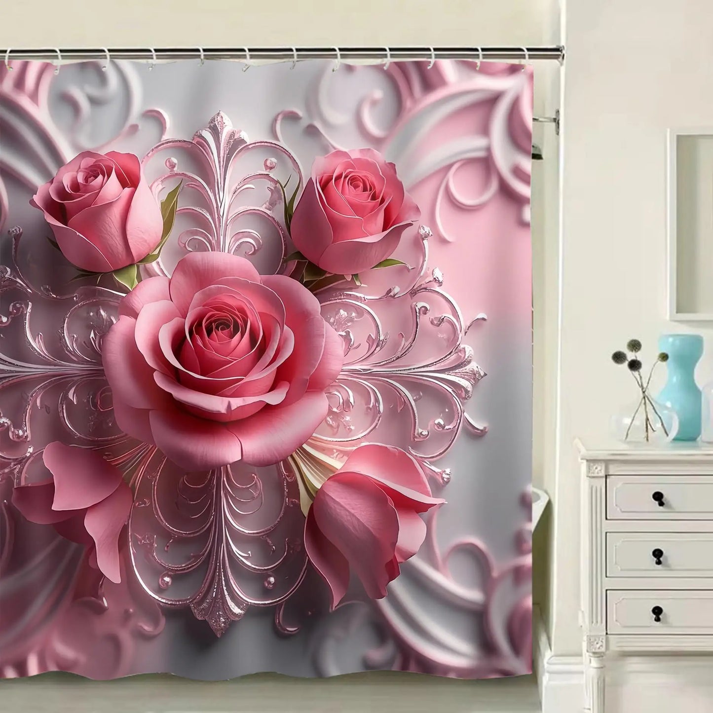 Waterproof 3D Flower Bathroom Curtain Set 4-Piece Non-Perforated