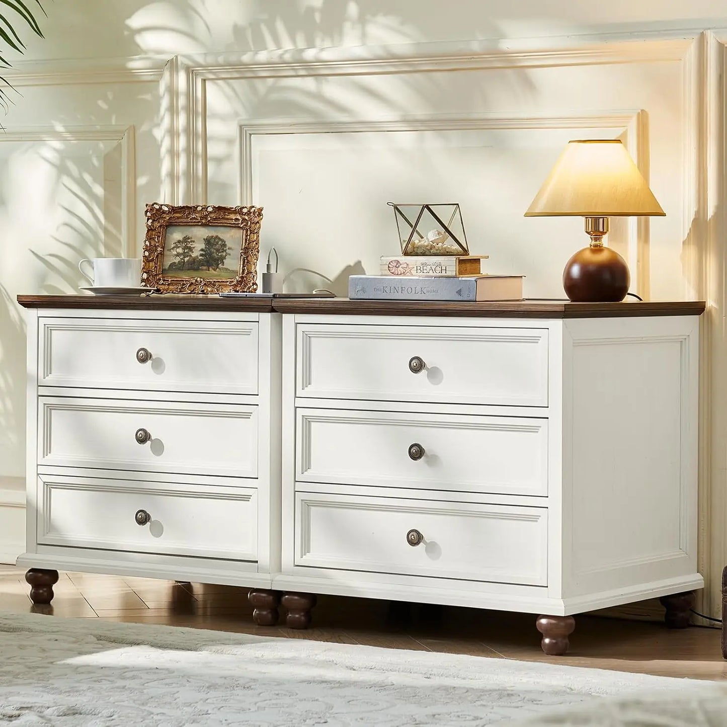 Farmhouse Nightstand With Charging Station Three Drawers Bedside Wood