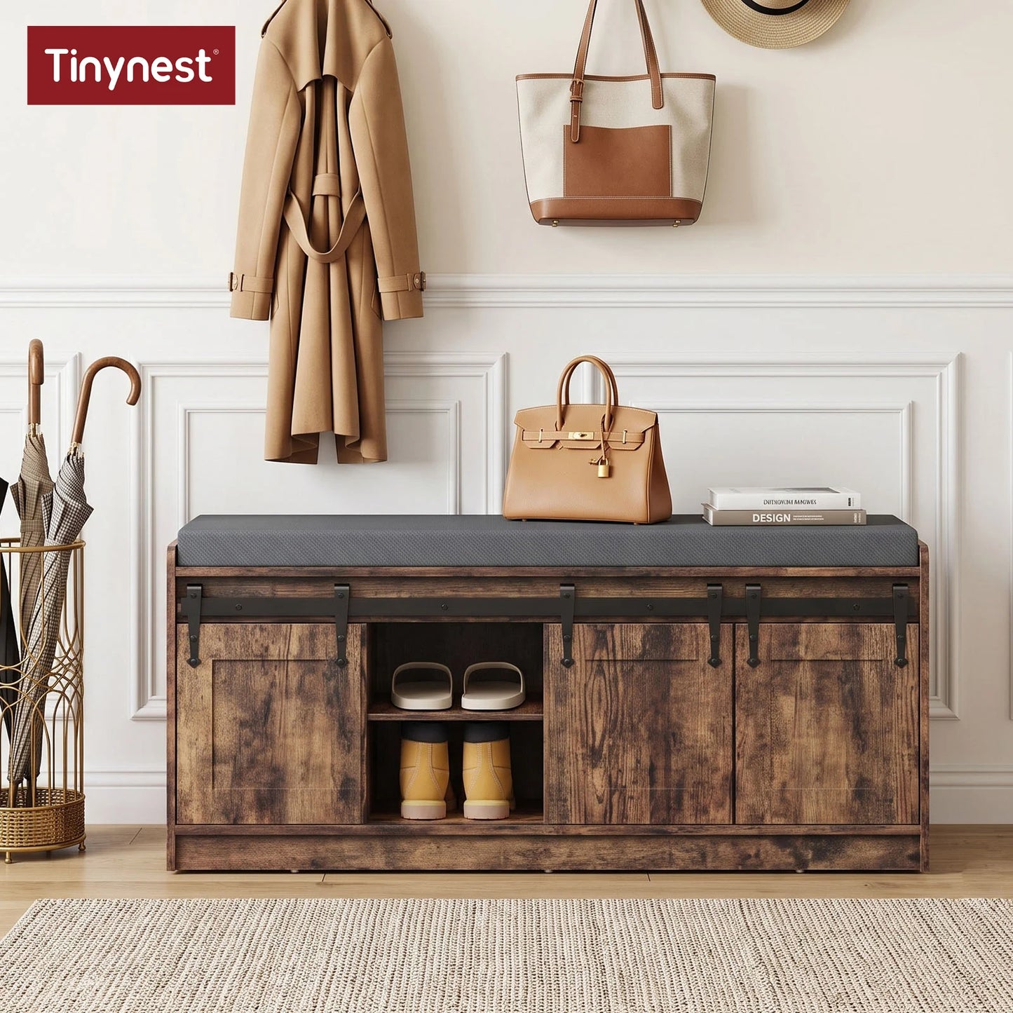 TinyNest Shoe Storage Benches With Linen Seat Cushion, 41.7 inch Farmhouse Entryway Bench, Shoe Rack Cabinet Bench Organizer With Adjustable Shelf & Sliding Door for Entryway, Hallway, Living Room, Bedroom End of Bed, Rustic