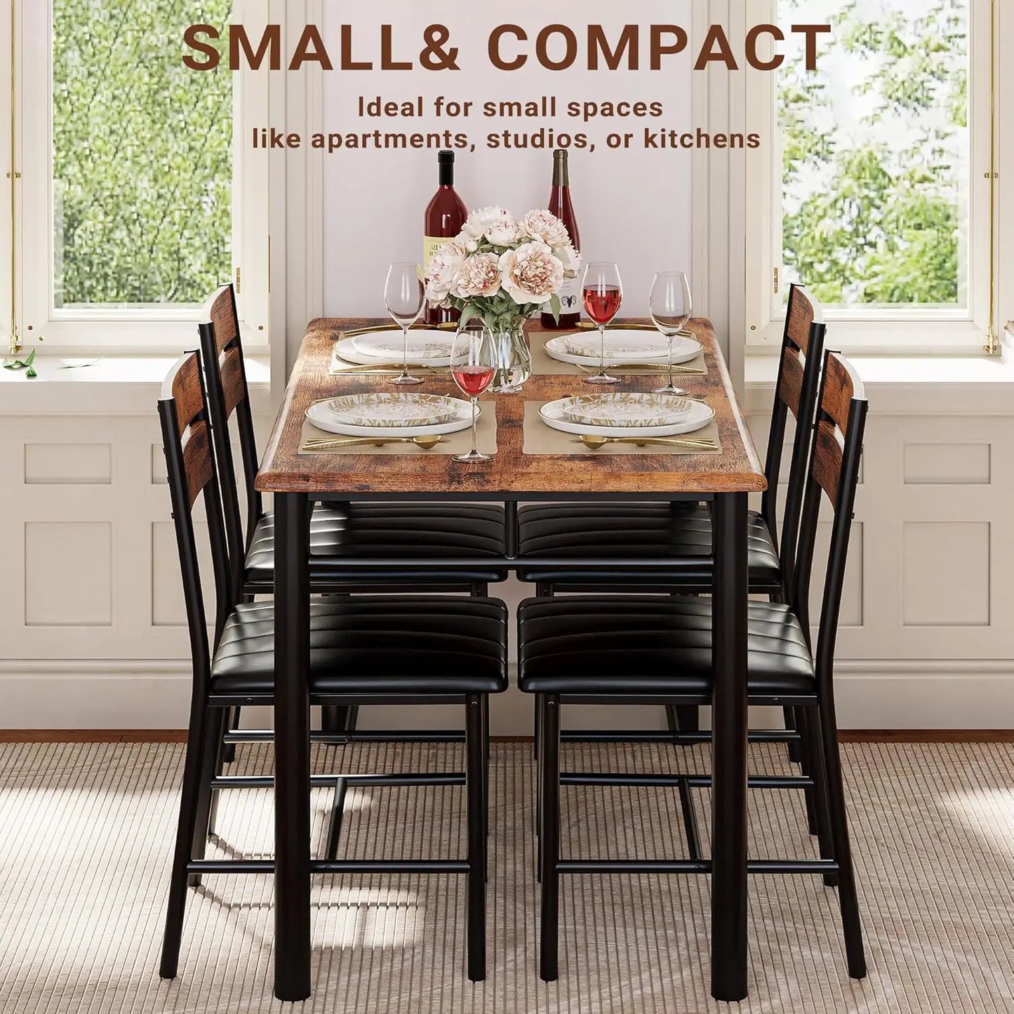 Dining Table Set For Four In Wood With Upholstered Chairs