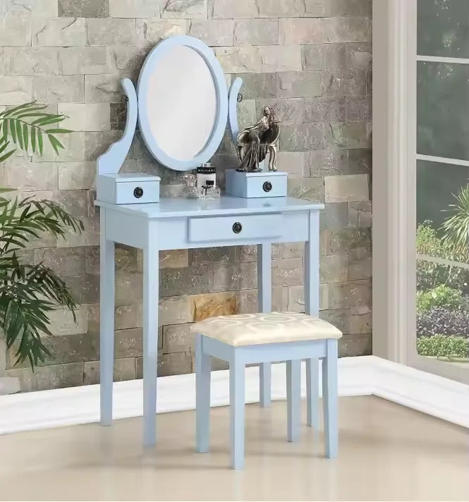 Hot Sale Bedroom Minimalist Dressing Set with Oval Mirror and 3 Drawers Wooden Dressing Table
