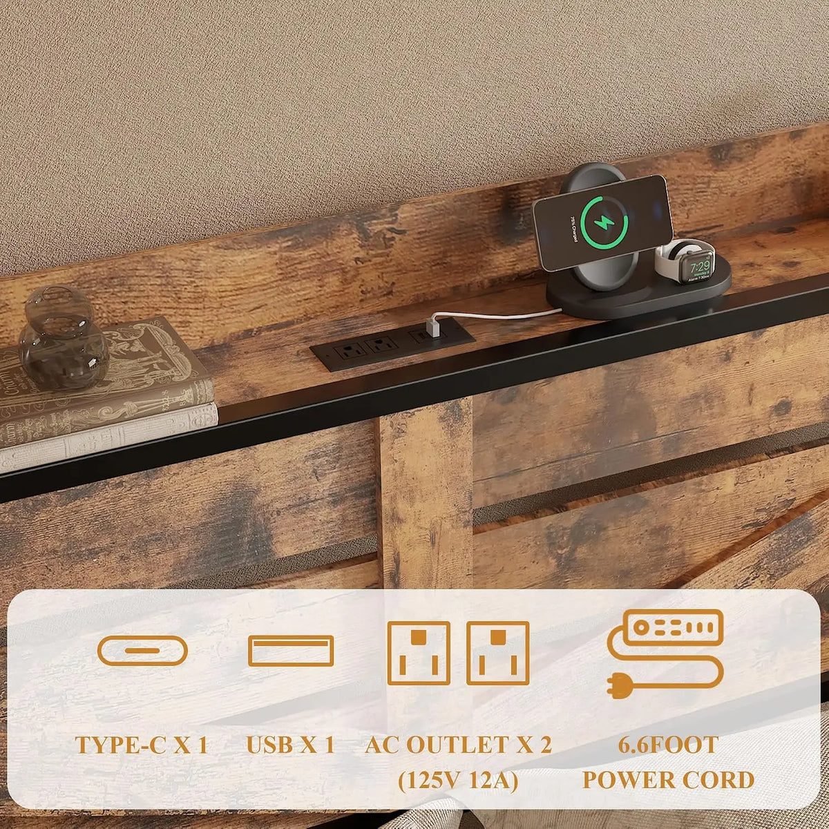 Wooden Platform Bed Frame With Storage Drawers And Charging Station